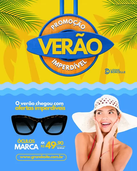 Post para Instagram e Facebook com tema de verão, promovendo óculos de sol com a frase 'Promoção Verão Imperdível'. Cores vibrantes azul e amarelo, com imagem de óculos e modelo sorridente.