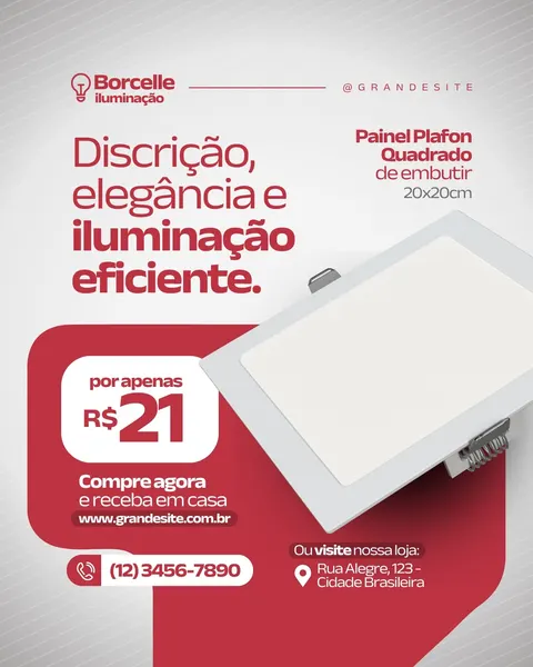 Post de Instagram/Facebook em vermelho e branco, divulgando promoção de plafon LED quadrado de embutir 20x20cm. O produto branco é o foco, com preço de R$21 e chamada para compra online ou visita à loja. Design moderno para lojas de iluminação, destacando discrição e eficiência luminosa.