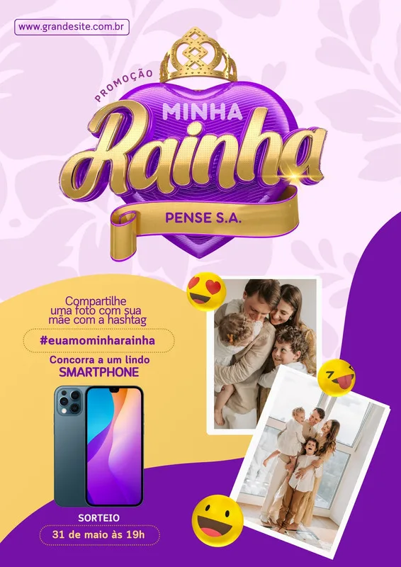 Cartaz promocional para o Dia das Mães com o tema 'Minha Rainha'. Fundo roxo e dourado, com o título em destaque, fotos de famílias felizes, um smartphone e informações sobre um sorteio. Ideal para divulgar promoções e concursos em redes sociais.