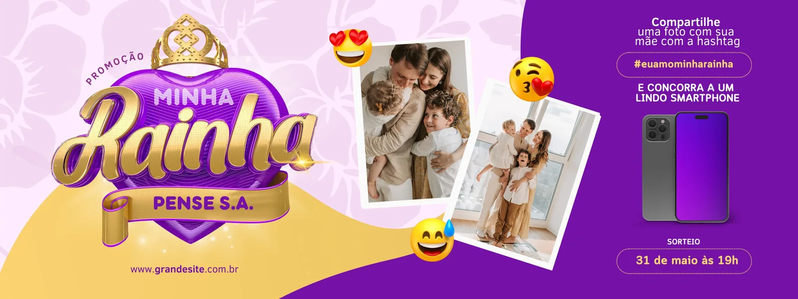 Banner horizontal roxo e dourado com o tema 'Promoção Minha Rainha' para o Dia das Mães. Inclui fotos de famílias felizes, um smartphone moderno e detalhes sobre um sorteio de prêmio.
