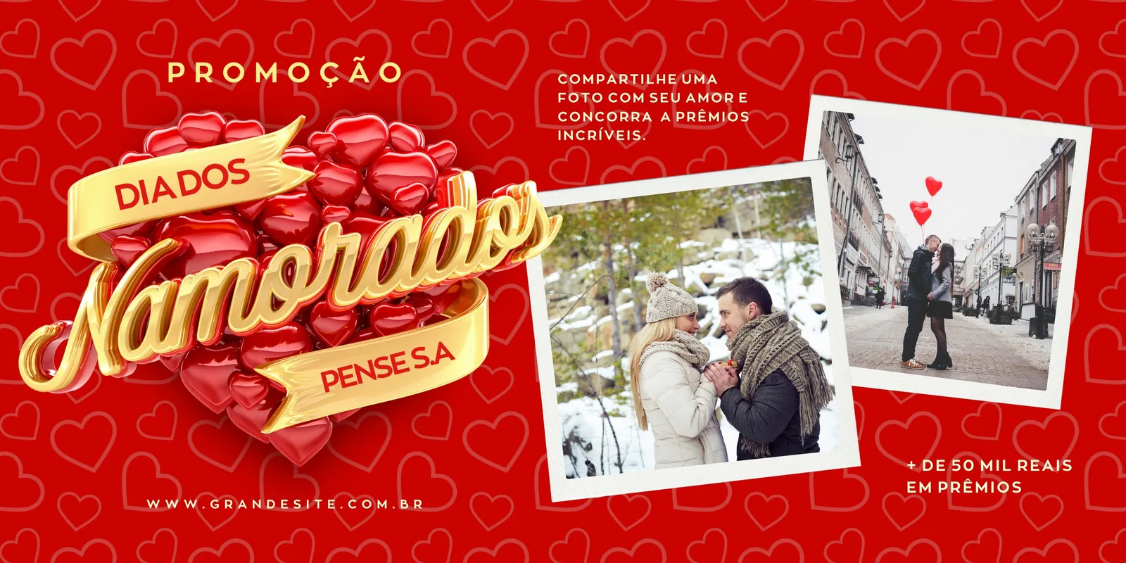 Banner horizontal vermelho com corações dourados, o texto 'Promoção Dia dos Namorados' em destaque. Inclui fotos de casais e menção a prêmios, perfeito para campanhas de varejo.
