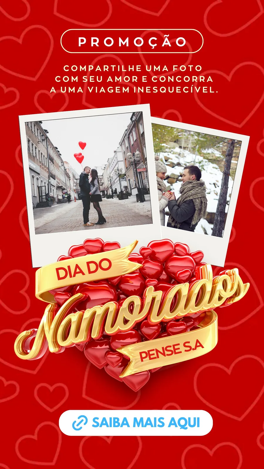 Template de Story para Instagram com tema de Dia dos Namorados. Fundo vermelho com corações, fotos de casais e texto promocional 'Compartilhe uma foto com seu amor e concorra a uma viagem inesquecível'.