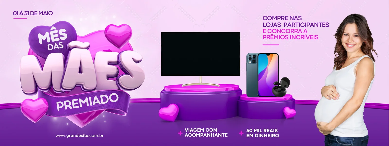 Banner horizontal para promoção de Mês das Mães, com elementos em rosa e lilás. Destaca um sorteio de prêmios como TV, smartphone e viagem, com uma mulher grávida sorrindo ao lado. Perfeito para divulgar ofertas em lojas e mercados.