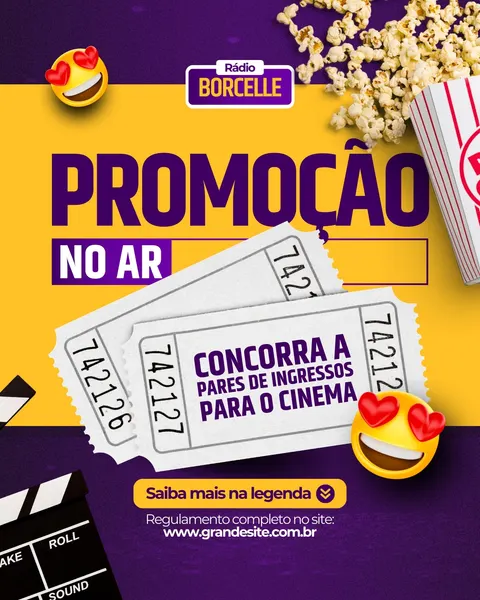Post para Instagram com fundo roxo e amarelo vibrante. Destaca o texto "Promoção No Ar" e "Concorra a Pares de Ingressos para o Cinema". Inclui imagens de ingressos, pipoca e um emoji apaixonado, com o logo "Rádio Borcelle".