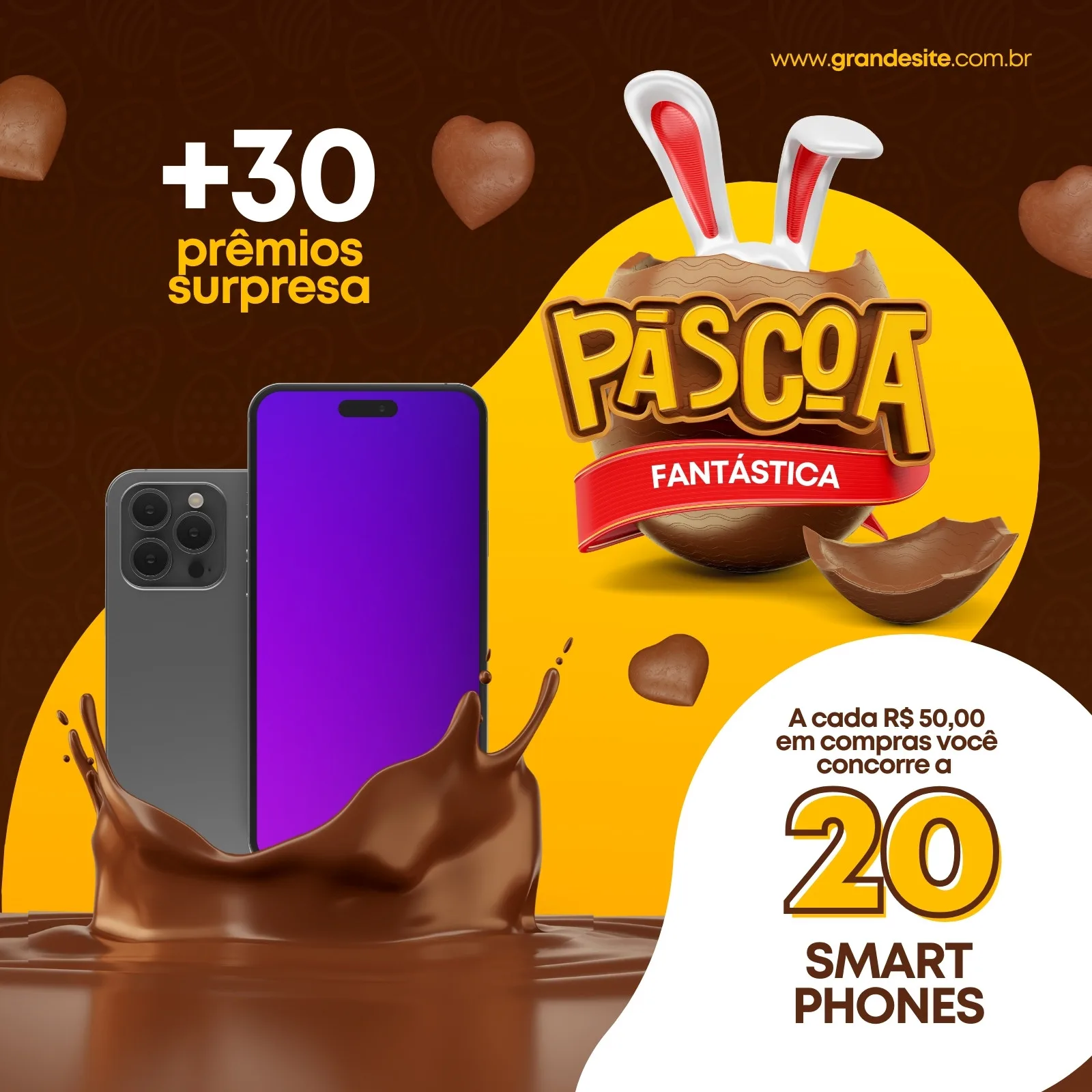 Post para Instagram e Facebook com tema de Páscoa, destacando um sorteio de 20 smartphones e +30 prêmios surpresa. O design em marrom e amarelo apresenta um ovo de chocolate quebrado com orelhas de coelho, um smartphone e respingos de chocolate.
