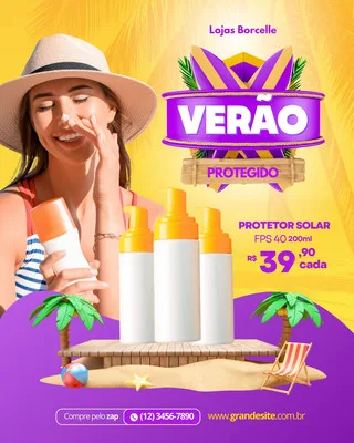 Mulher sorrindo aplicando protetor solar no rosto, com três frascos de protetor solar em destaque sobre uma plataforma de areia e palmeiras. O texto 'Verão Protegido' em roxo e amarelo anuncia uma promoção de protetor solar FPS 40.