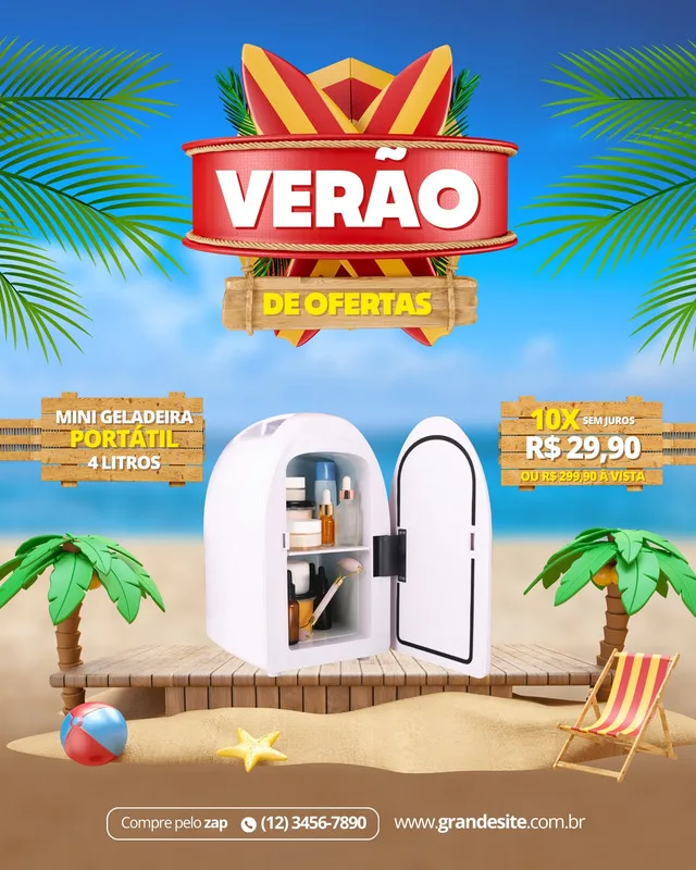 Mini geladeira portátil branca aberta em uma praia ensolarada, com o texto 'Verão de Ofertas' em destaque. Ao redor, coqueiros, uma cadeira de praia e o mar ao fundo. Ideal para divulgar promoções de verão.