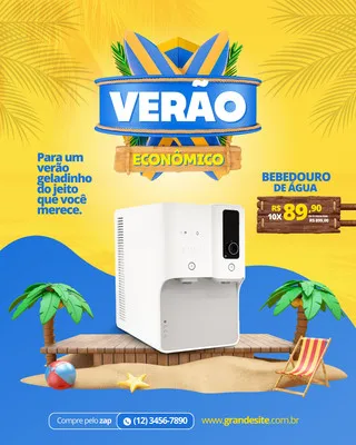 Template de post para Instagram com tema de verão econômico. Um bebedouro branco em destaque sobre uma praia com coqueiros e uma cadeira de praia. O título "Verão Econômico" aparece em destaque com elementos de praia.