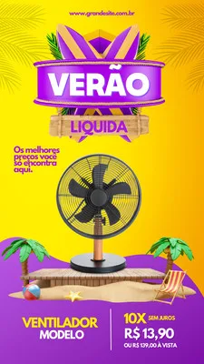 Template de Story do Instagram para promoção de verão com o tema 'Liquida Ofertas'. Fundo amarelo vibrante com detalhes roxos e palmeiras, apresentando um ventilador moderno em destaque e oferta de parcelamento.
