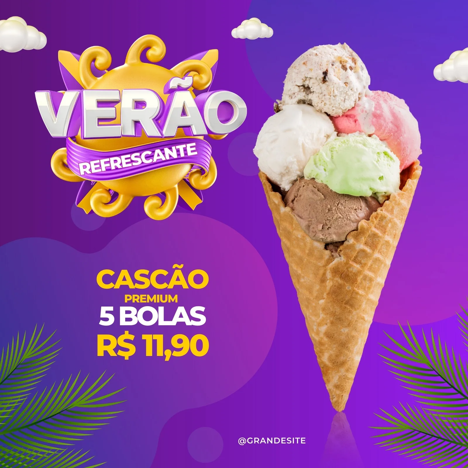 Post para Instagram de sorveteria com promoção de verão. Um cone de casquinha recheado com cinco bolas de sorvete de diversos sabores, com destaque para o texto 'Verão Refrescante' e 'Casção Premium 5 Bolas R$ 11,90'. O fundo é roxo com elementos decorativos de sol e nuvens.