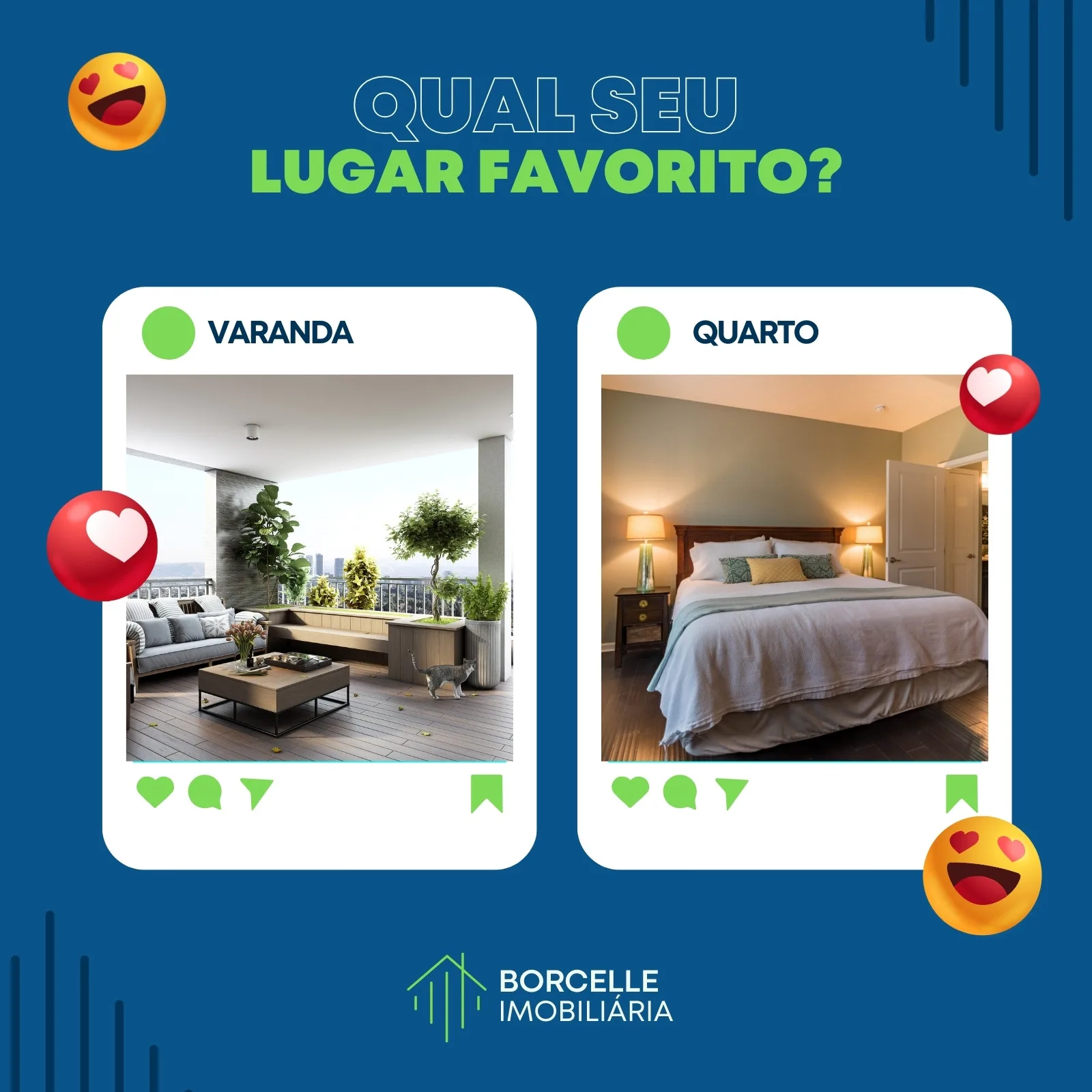 Post de Instagram com fundo azul e verde, apresentando a pergunta 'Qual Seu Lugar Favorito?'. Dois cards simulam posts com fotos de uma varanda moderna e um quarto aconchegante, com ícones de coração e emojis.