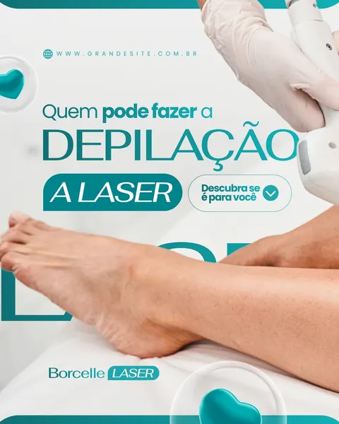 Close-up de pernas sendo tratadas com depilação a laser em uma clínica de estética. O post tem fundo branco e azul, com texto "Quem pode fazer a Depilação a Laser" e um botão "Descubra se é para você".