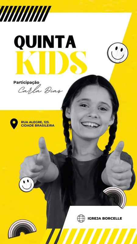 Story de Instagram com fundo amarelo vibrante e detalhes em preto e branco. O título 'Quinta Kids' em destaque, com a foto de uma menina sorrindo e fazendo sinal de positivo. Inclui informações de endereço e nome da igreja.