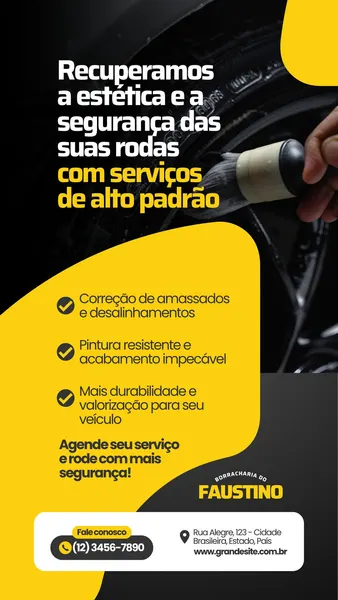 Template de Story para Instagram em preto e amarelo vibrante, focado em borracharia. Detalha serviços como correção de amassados, pintura resistente e valorização de rodas. Inclui informações de contato e endereço, com um pincel limpando uma roda ao fundo.