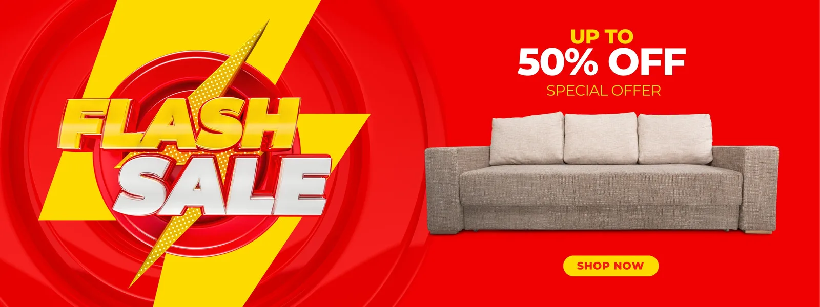 Banner horizontal vermelho e amarelo vibrante com o texto 'FLASH SALE' em destaque. Ao lado, um sofá moderno e a oferta 'UP TO 50% OFF SPECIAL OFFER' com botão 'SHOP NOW'. Ideal para promoções de móveis ou estética.
