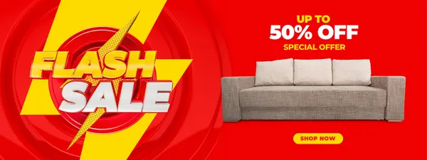 Banner horizontal vermelho e amarelo vibrante com o texto 'FLASH SALE' em destaque. Ao lado, um sofá moderno e a oferta 'UP TO 50% OFF SPECIAL OFFER' com botão 'SHOP NOW'. Perfeito para promoções de móveis ou estética.