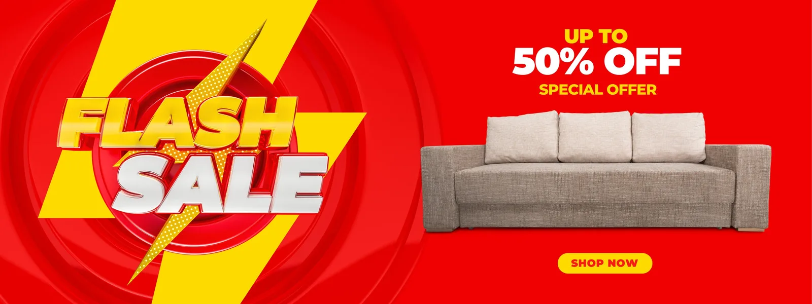 Banner horizontal vermelho e amarelo vibrante com o texto 'FLASH SALE' em destaque. Ao lado, um sofá moderno e a oferta 'UP TO 50% OFF SPECIAL OFFER' com botão 'SHOP NOW'. Perfeito para promoções de móveis ou estética.