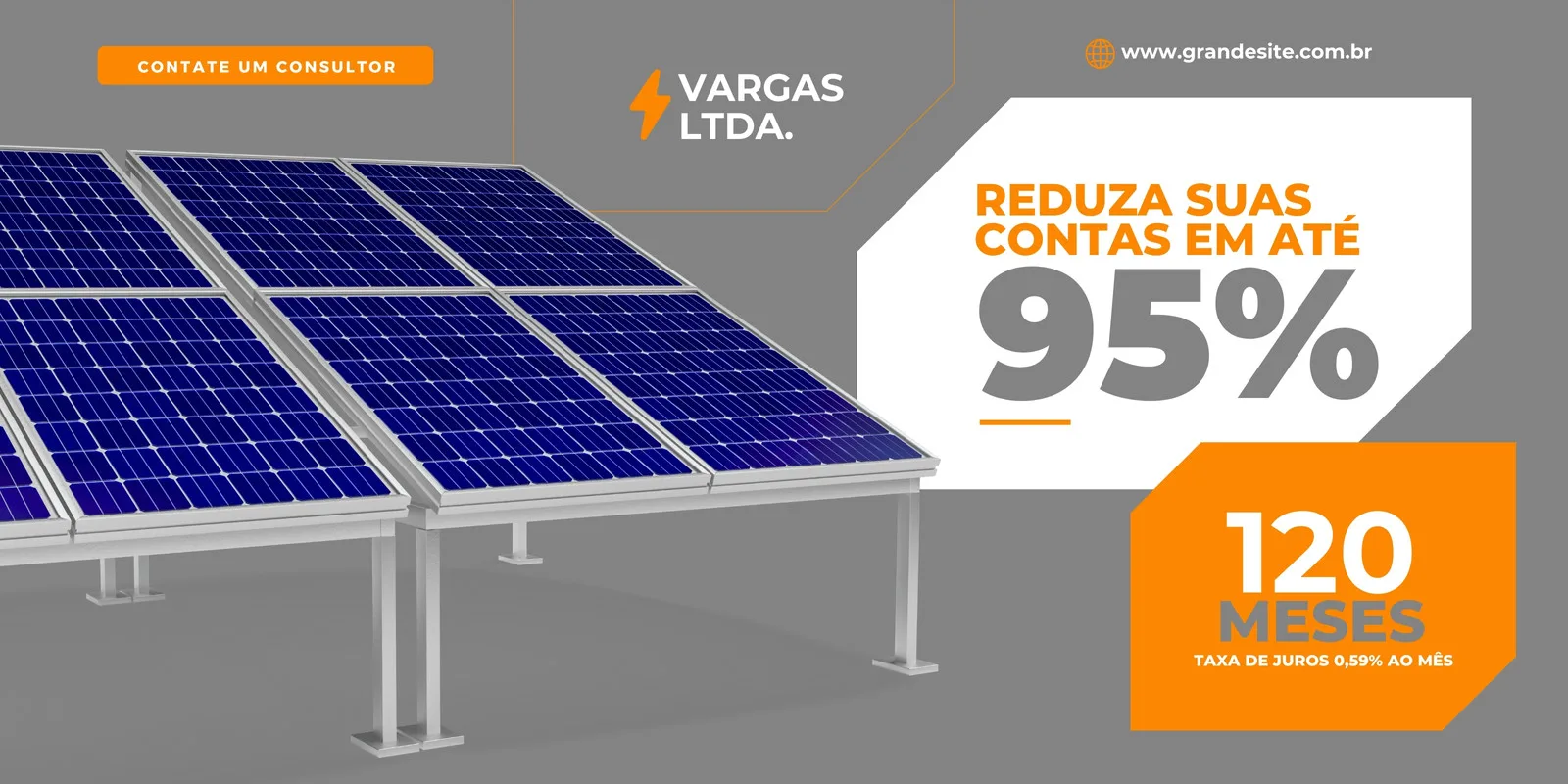 Banner horizontal com painéis solares azuis em primeiro plano. Ao fundo, texto em cinza e laranja anuncia 'Reduza suas contas em até 95%' e '120 meses com taxa de juros 0,59% ao mês'.