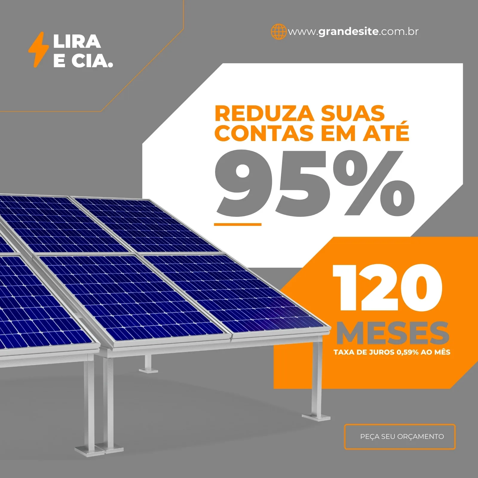 Post para redes sociais sobre energia solar, mostrando painéis fotovoltaicos azuis e brancos em um dia ensolarado. O texto destaca a redução de até 95% nas contas de energia e um parcelamento de 120 meses com baixa taxa de juros.