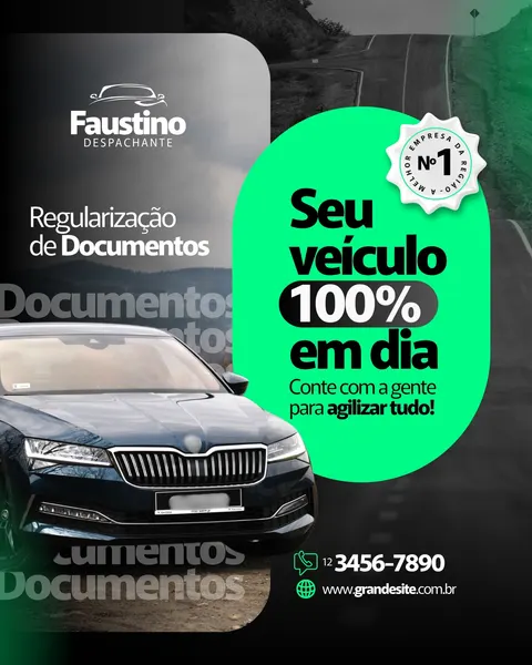 Post para Instagram de despachante veicular com fundo escuro e detalhes em verde vibrante. Um carro azul escuro em destaque, com o texto "Regularização de Documentos" e "Seu veículo 100% em dia".