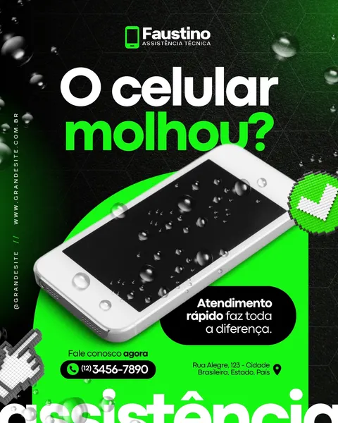 Post para Instagram de assistência técnica com fundo preto e detalhes em verde neon. Um celular branco com gotas de água na tela em destaque. Título 'O celular molhou?' em letras brancas e verdes. Informações de contato e endereço visíveis. Design moderno e chamativo.