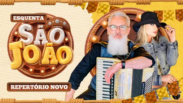 Miniatura de YouTube com tema de São João, apresentando um homem com barba grisalha tocando acordeão e uma mulher ao fundo. O design usa cores marrom e amarelo, com elementos festivos como bandeirinhas e cordas, promovendo um 'Esquenta São João' e 'Repertório Novo'.