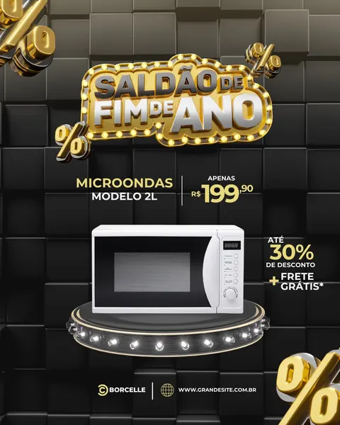 Template de post para Instagram com a chamada 'Saldão de Fim de Ano' em destaque, apresentando um micro-ondas branco com preço promocional e oferta de 30% de desconto mais frete grátis. O design utiliza cores preto, prata e dourado, com fundo texturizado.