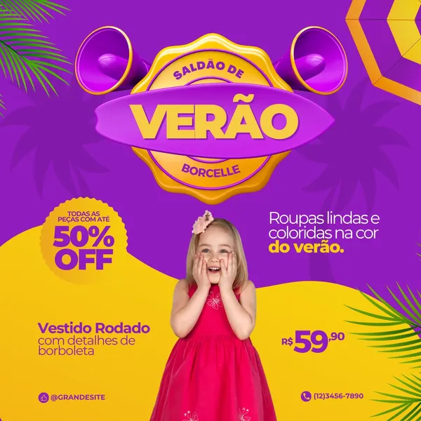 Post para redes sociais com tema de Saldão de Verão para loja de roupas infantis. Fundo roxo e amarelo vibrantes, com um selo de 'Saldão de Verão' e uma criança sorrindo vestindo um vestido rosa. Promoção de 50% OFF em todas as peças.