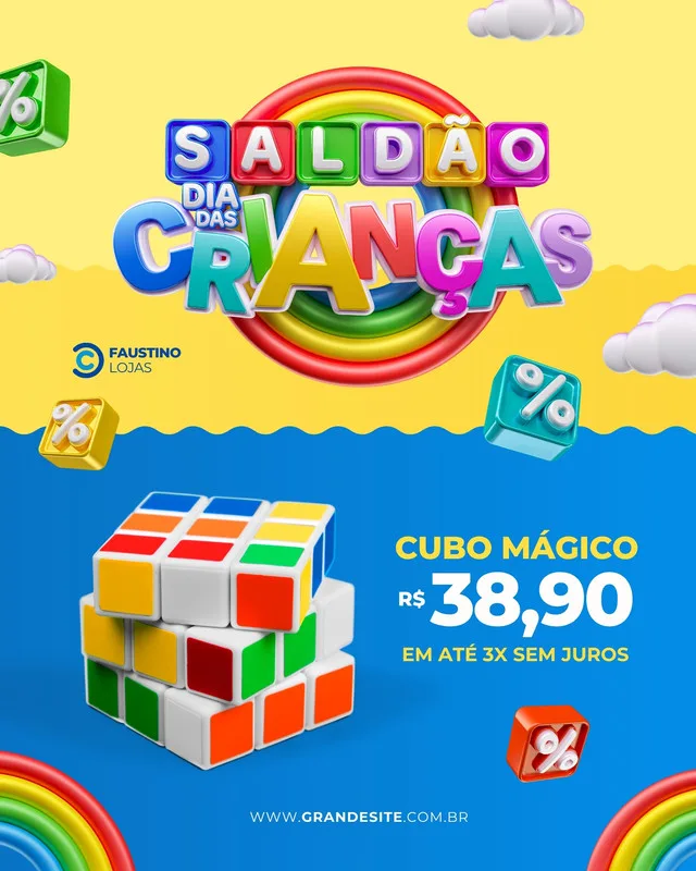 Post para Instagram com o tema Saldão Dia das Crianças, destacando um cubo mágico e a oferta de R$ 38,90. Fundo amarelo e azul com nuvens e arco-íris, elementos gráficos de porcentagem.