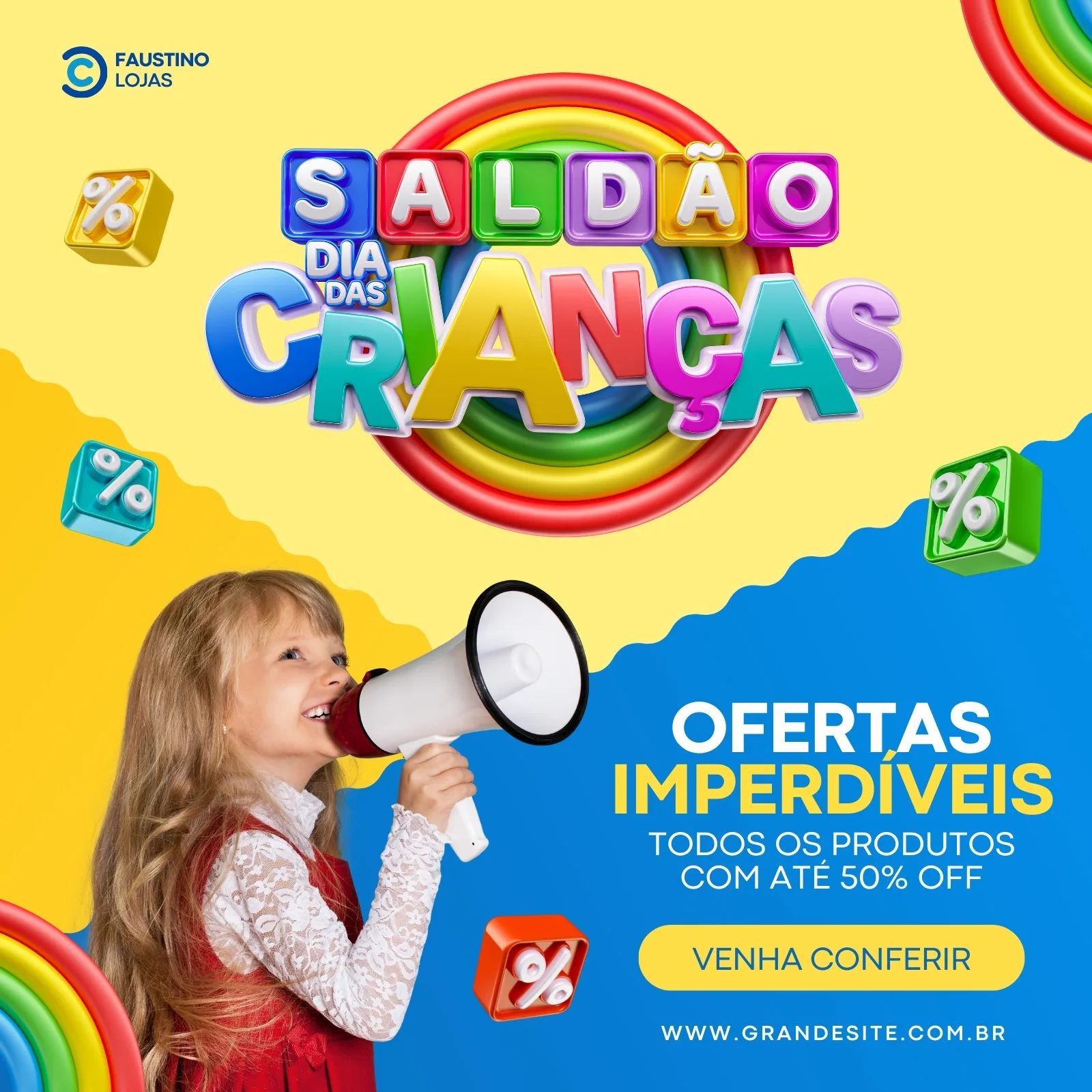 Template de post para Instagram com o título 'Saldão Dia das Crianças' em letras coloridas e 3D. Uma menina sorridente segura um megafone, cercada por ícones de porcentagem e um arco-íris. O fundo é amarelo e azul, com a chamada 'Ofertas Imperdíveis'.