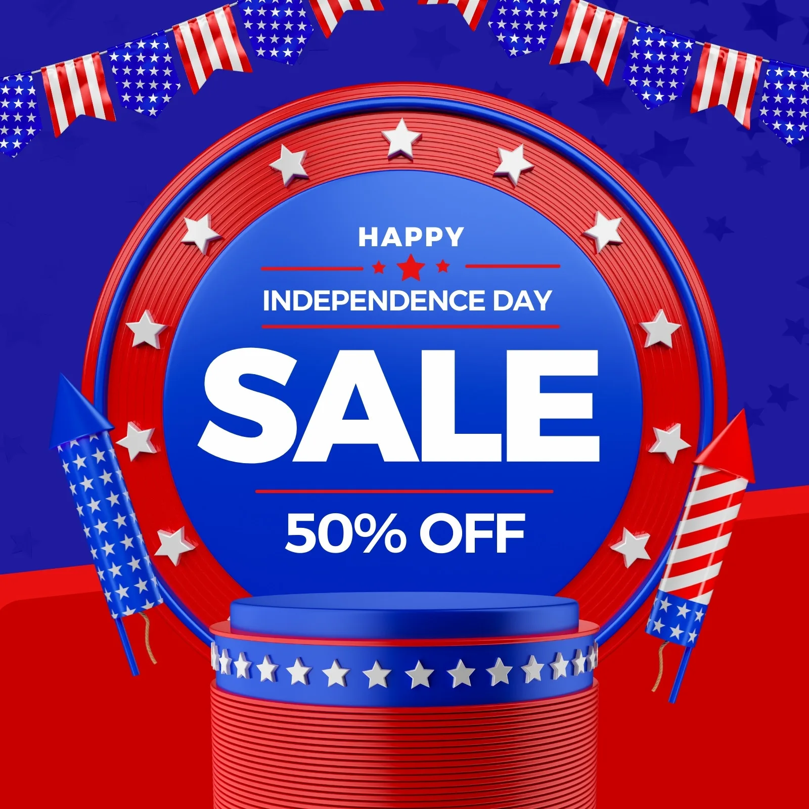 Template de post para Instagram com tema de 4 de Julho, apresentando a palavra "SALE" em destaque, fogos de artifício e bandeiras americanas. O design utiliza as cores vermelho, branco e azul, com um podio central e a oferta "50% OFF".