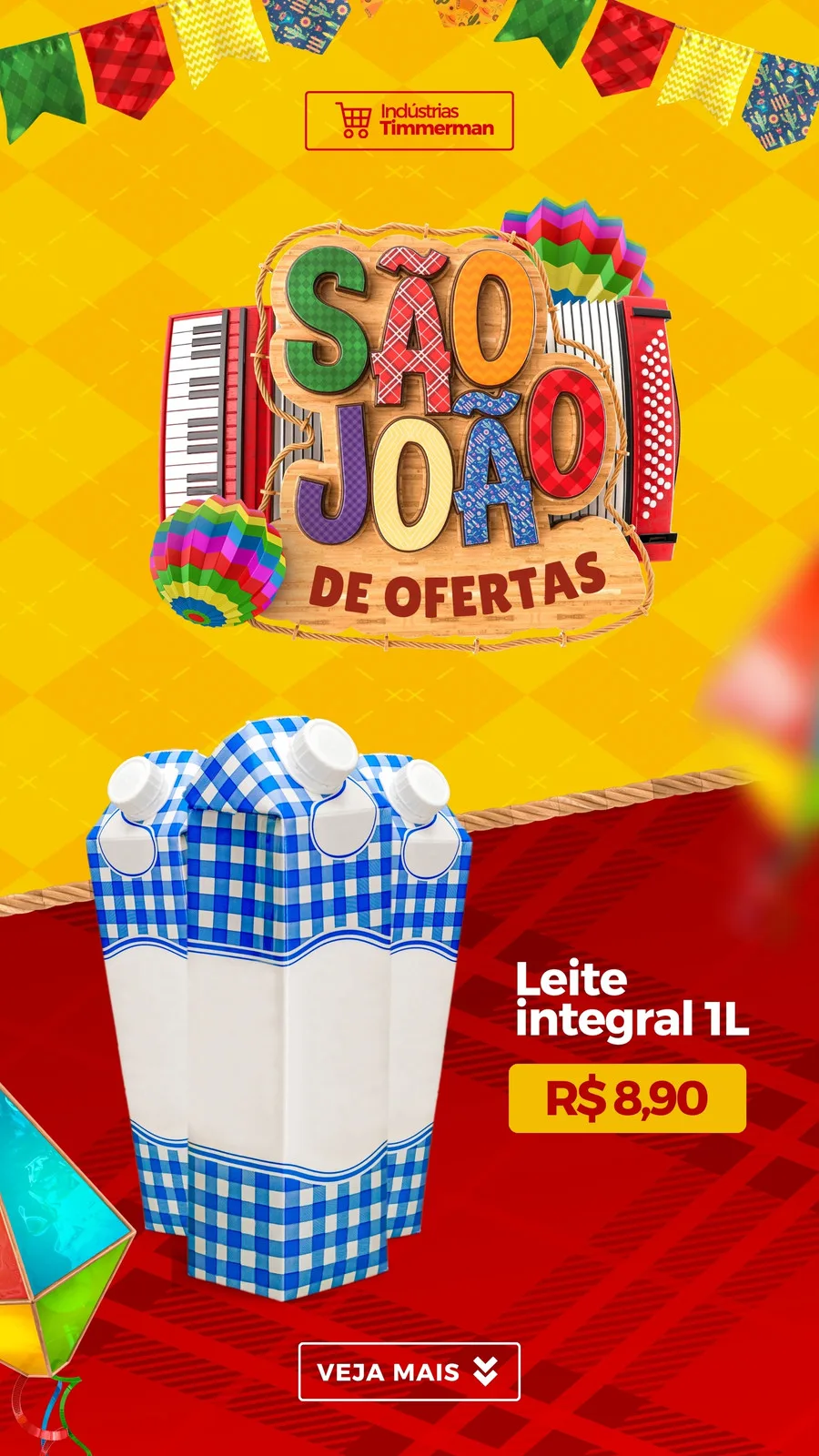 Template de Story para Instagram com tema de São João, apresentando a frase 'São João de Ofertas'. O design inclui elementos juninos como bandeirinhas, sanfona, acordeão e um balão colorido, com um produto em destaque e um botão 'Veja Mais'.