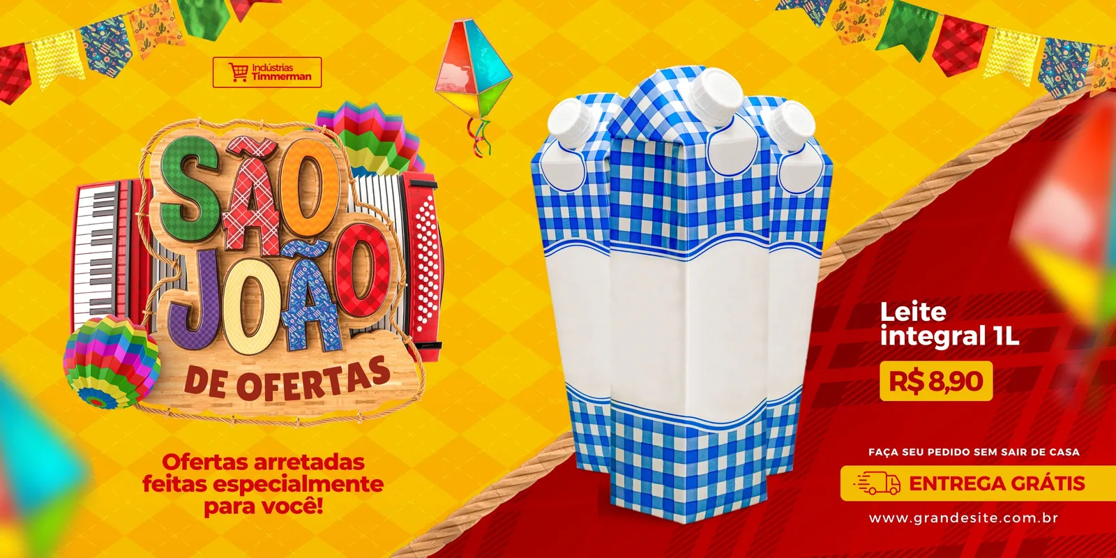 Banner horizontal para supermercado com tema de São João. Fundo amarelo quadriculado, com elementos juninos como bandeirinhas, balões e sanfona. Destaca o título 'São João de Ofertas' e imagens de caixas de leite com estampa xadrez. Inclui texto sobre ofertas e entrega grátis.