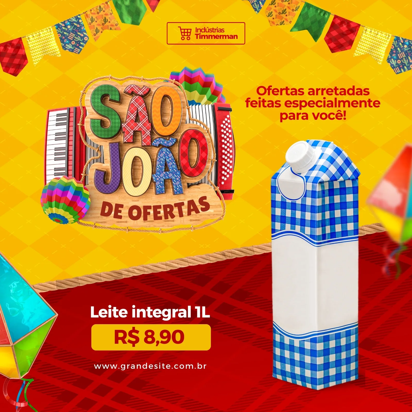 Post para Instagram com tema de São João para supermercado, apresentando a oferta de leite integral com preço em destaque. O design inclui elementos juninos como bandeirinhas, balões e sanfona, com um fundo amarelo e vermelho vibrante.