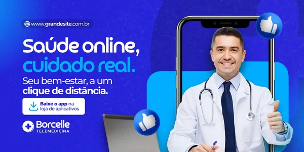 Banner horizontal azul e branco para telemedicina, com um médico sorridente vestindo jaleco e estetoscópio, segurando um pen drive. Ao lado, um smartphone exibe o logo da Borcelle Telemedicina e um botão 'Baixe o app'. Ícones de 'like' flutuam.