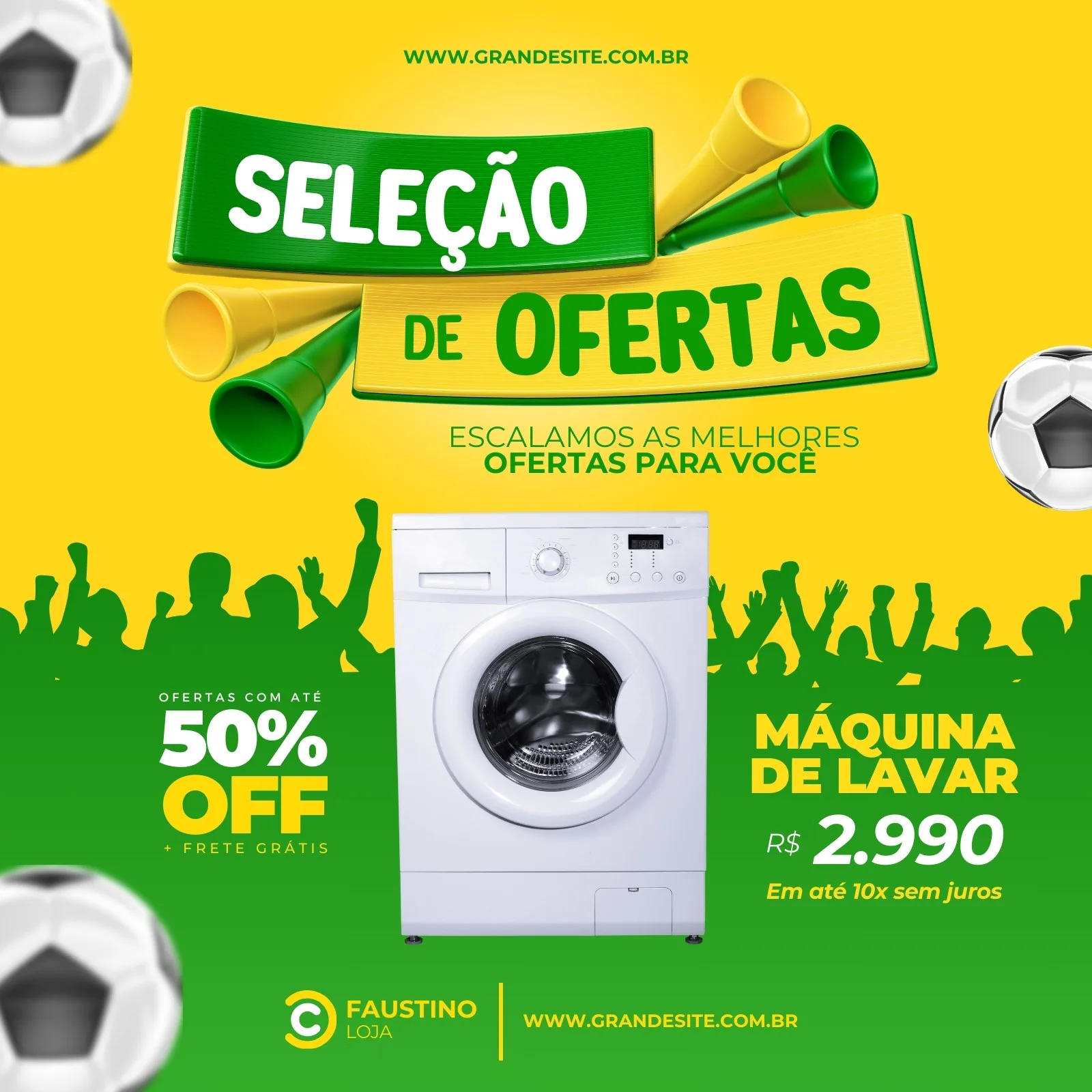 Template de post para redes sociais com fundo amarelo e verde, destacando uma máquina de lavar branca em promoção. Elementos como buzinas de torcida, bolas de futebol e silhuetas de pessoas animadas criam um clima de evento e ofertas especiais.