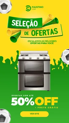 Template de Story para Instagram com fundo amarelo e verde, destacando um fogão e a oferta de 50% OFF com frete grátis. Elementos gráficos como bolas de futebol e confetes remetem a um clima de celebração e promoções.