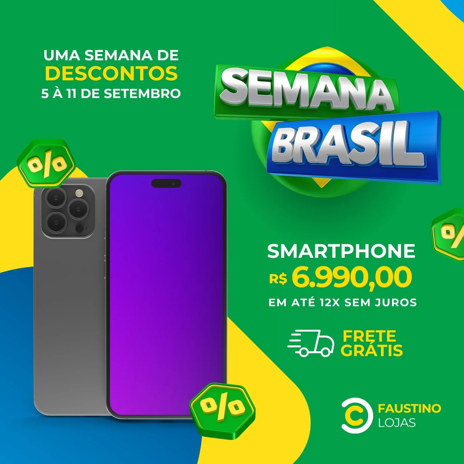 Template de post para redes sociais com fundo verde, amarelo e azul, celebrando a Semana Brasil. Destaque para um smartphone moderno com tela roxa e detalhes de desconto em % e frete grátis. Ideal para promoções de eletrônicos.