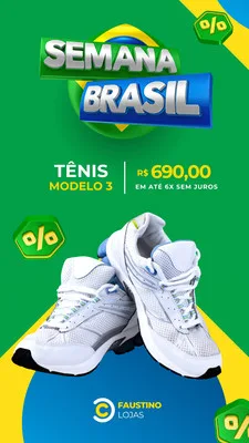 Template de Story para Instagram com fundo verde e amarelo, exibindo o logo 'Semana Brasil' em destaque. Um par de tênis brancos está centralizado, com informações de preço e parcelamento. Ícones de porcentagem indicam desconto.