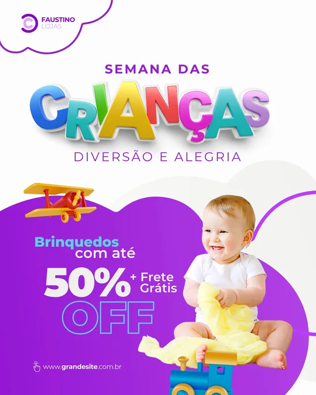 Post para Instagram e Facebook anunciando a Semana das Crianças com a frase 'Brinquedos com até 50% OFF + Frete Grátis'. O design inclui um bebê sorrindo, um avião de brinquedo e um trem, com cores roxas e brancas vibrantes.