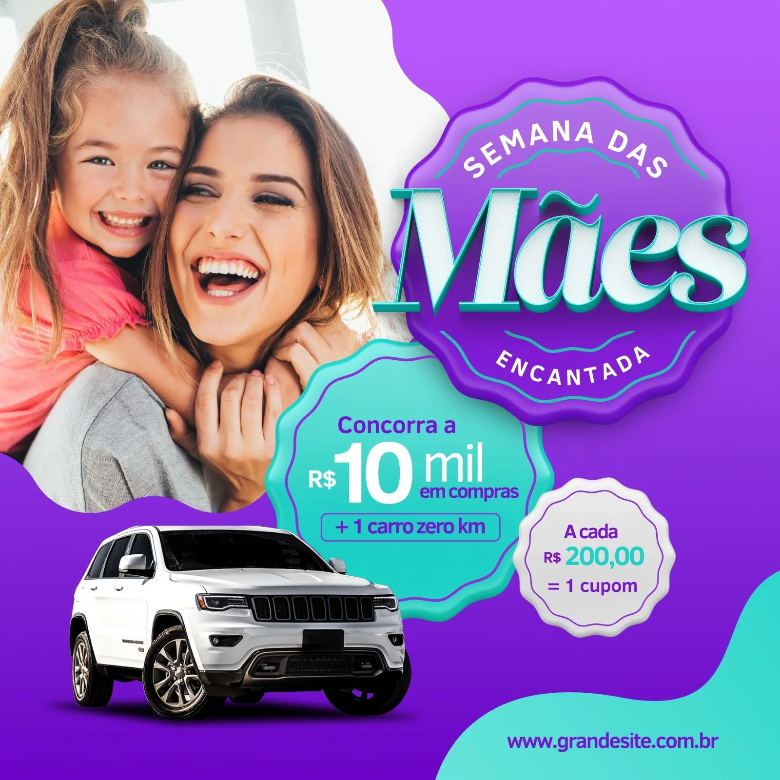 Post para Instagram com tema de Dia das Mães, apresentando uma mãe e filha sorrindo. Destaca uma promoção com prêmios de R$10 mil e um carro zero km, com cores roxo e azul vibrantes.