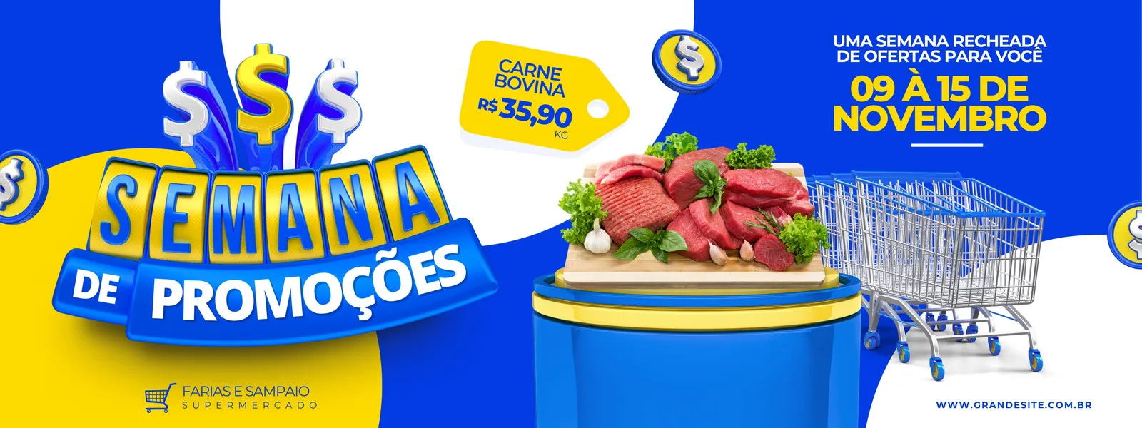 Banner horizontal azul e amarelo para supermercado anunciando 'Semana de Promoções'. Destaca carne bovina a R$ 35,90/kg e o período de 09 a 15 de novembro, com carrinhos de compras ao fundo.