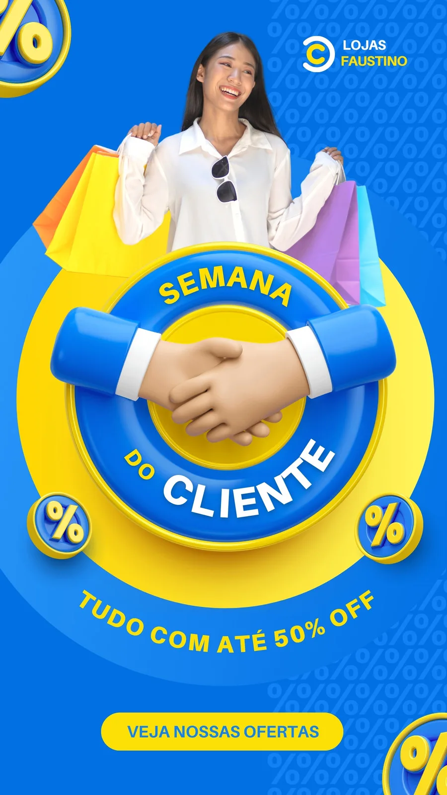 Template de Story para Instagram com fundo azul e detalhes em amarelo e branco. Uma mulher sorridente segura sacolas de compras. O destaque é um círculo com aperto de mãos e o texto "Semana do Cliente", com a oferta "Tudo com até 50% OFF" e um botão "Veja Nossas Ofertas".