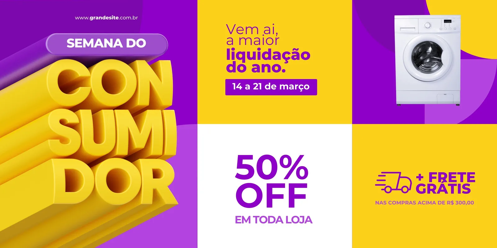 Banner horizontal vibrante em roxo e amarelo anunciando a Semana do Consumidor. Destaca 'Liquidação do Ano', 50% OFF, frete grátis e uma máquina de lavar, perfeito para promoções de eletrodomésticos.