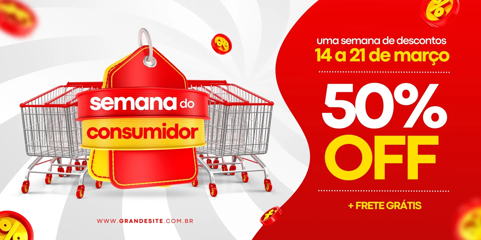 Banner horizontal vermelho e amarelo para a Semana do Consumidor, com carrinhos de compra e etiquetas de preço. Destaca '50% OFF' e 'Frete Grátis' com datas de 14 a 21 de março.