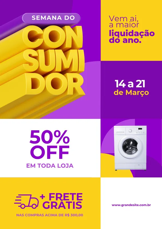 Template de post para redes sociais com fundo roxo e amarelo vibrantes, destacando a "Semana do Consumidor" em letras 3D amarelas. Inclui texto sobre "maior liquidação do ano", "50% OFF" e "Frete Grátis", além de uma imagem de máquina de lavar.
