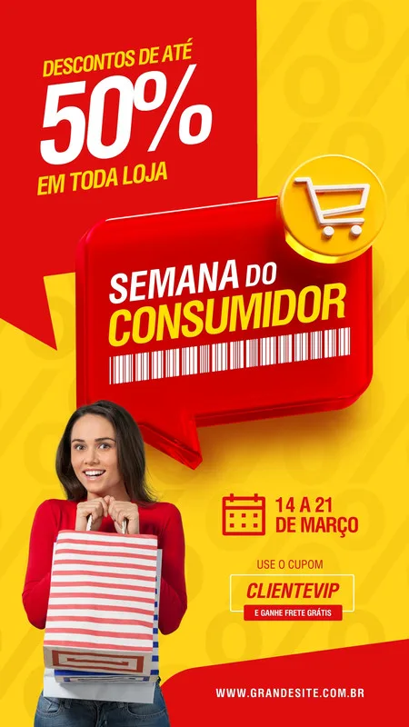 Template de Story para Instagram com fundo amarelo e vermelho vibrante, anunciando a Semana do Consumidor com 50% de desconto. Uma mulher sorridente segura sacolas de compras, com detalhes de cupom e data da promoção.