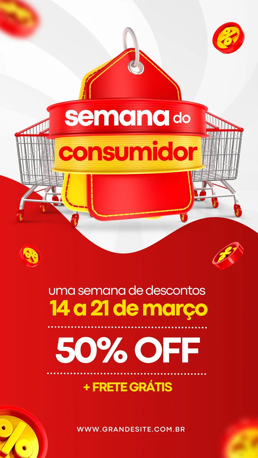 Template de Story para Instagram com tema 'Semana do Consumidor', apresentando um design moderno em vermelho e amarelo. Destacam-se carrinhos de compra, etiquetas de preço e a oferta de 50% OFF com frete grátis, convidando para promoções.
