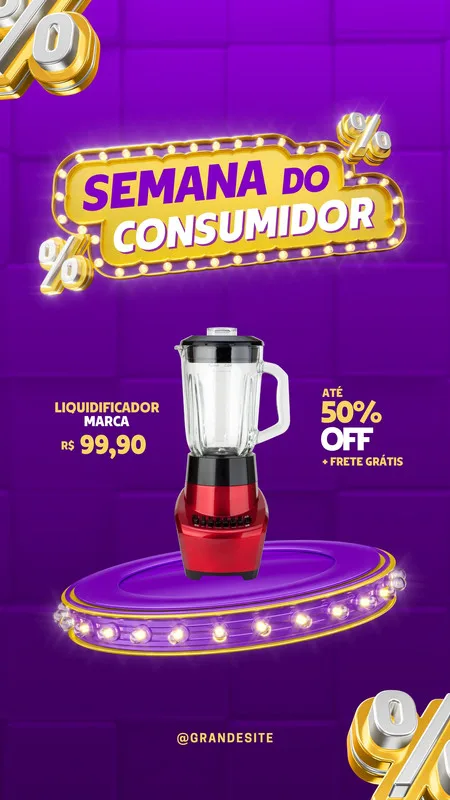 Story de Instagram com tema 'Semana do Consumidor' em roxo e dourado. Destaca um liquidificador em promoção com 50% OFF e frete grátis, com preço de R$99,90.