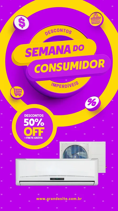 Template de Story para Instagram com fundo roxo pontilhado e elementos gráficos em amarelo. Destaque para 'Semana do Consumidor' com 50% OFF e 'Frete Grátis'. Imagem de ar condicionado ao fundo, ideal para promoções de comércio.